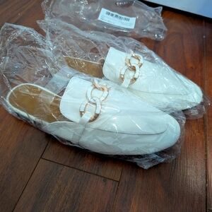 White and Gold Flats With Open Back / Slides